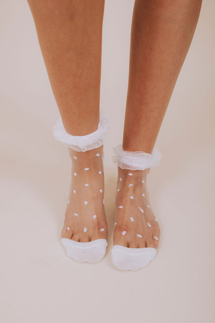 white mesh polka dot ruffled socks front