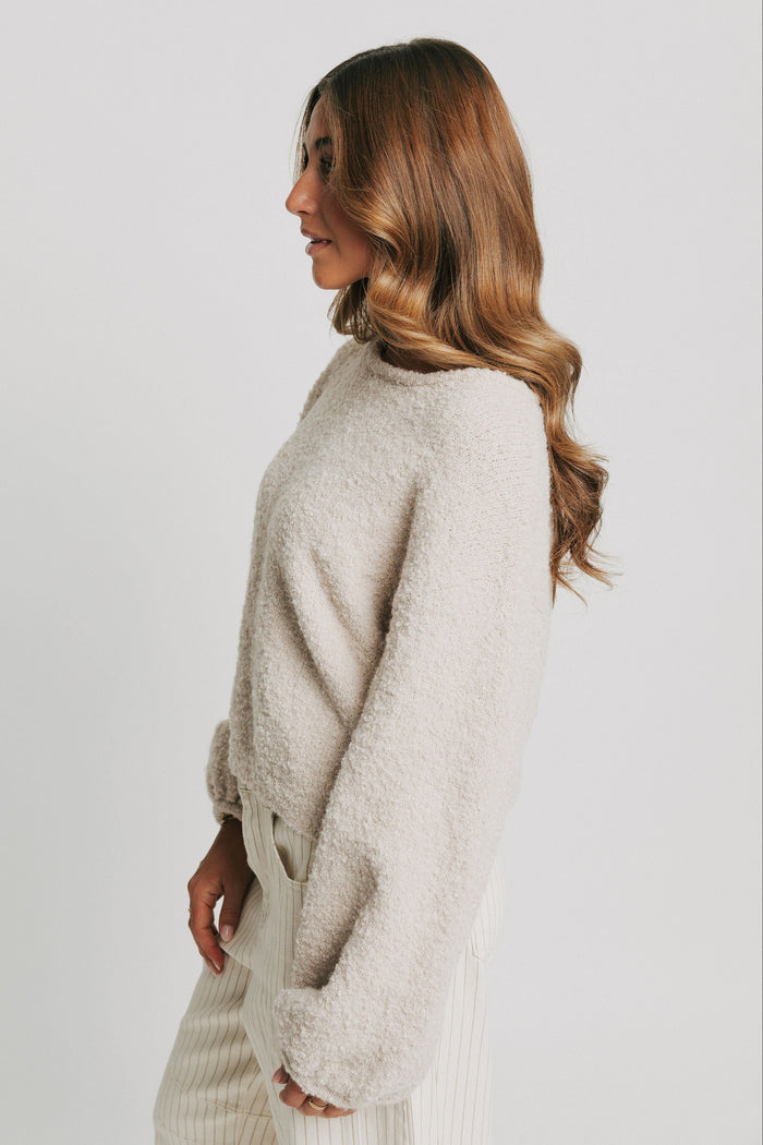 cream sweater with lantern sleeves side