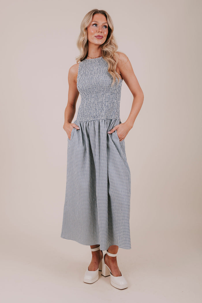 blue gingham shirred midi dress full
