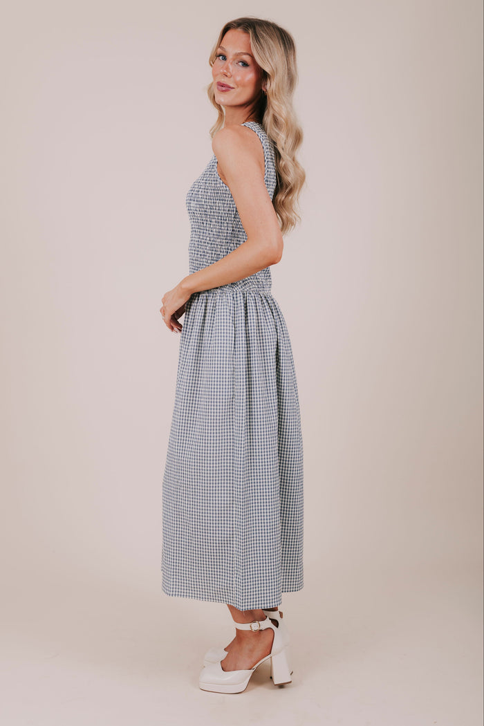 blue gingham shirred midi dress side