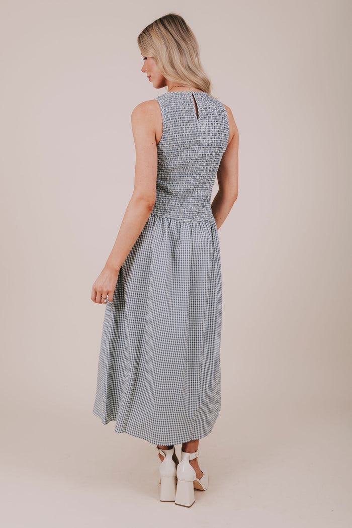 blue gingham shirred midi dress back