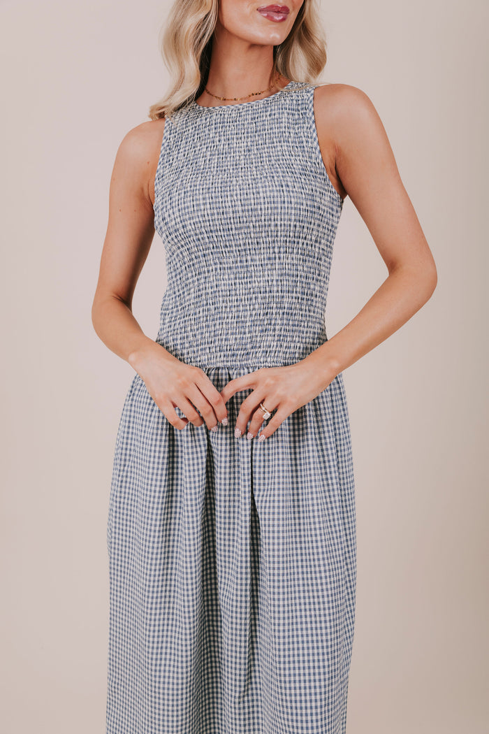 blue gingham shirred midi dress detail front