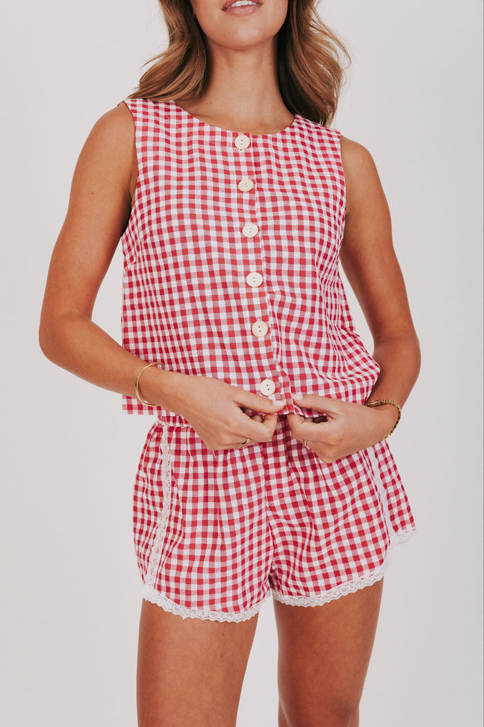 red gingham wide shoulder tank with buttons