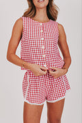 red gingham wide shoulder tank with buttons