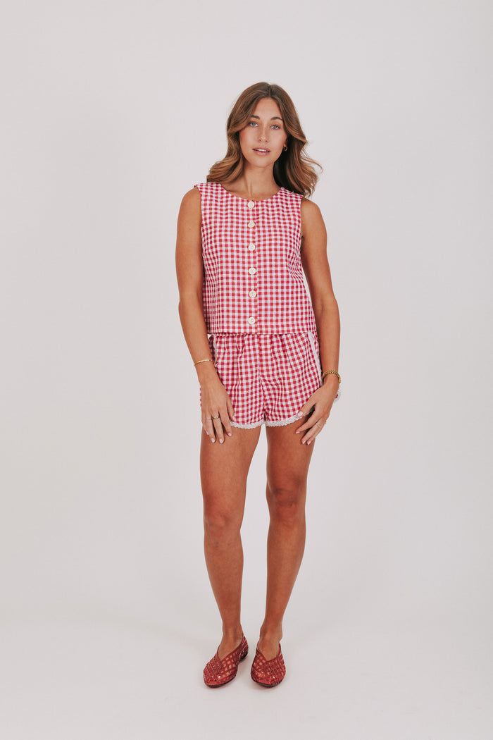 red gingham wide shoulder tank with buttons