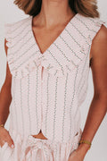 pink and white floral striped top with pan collar front