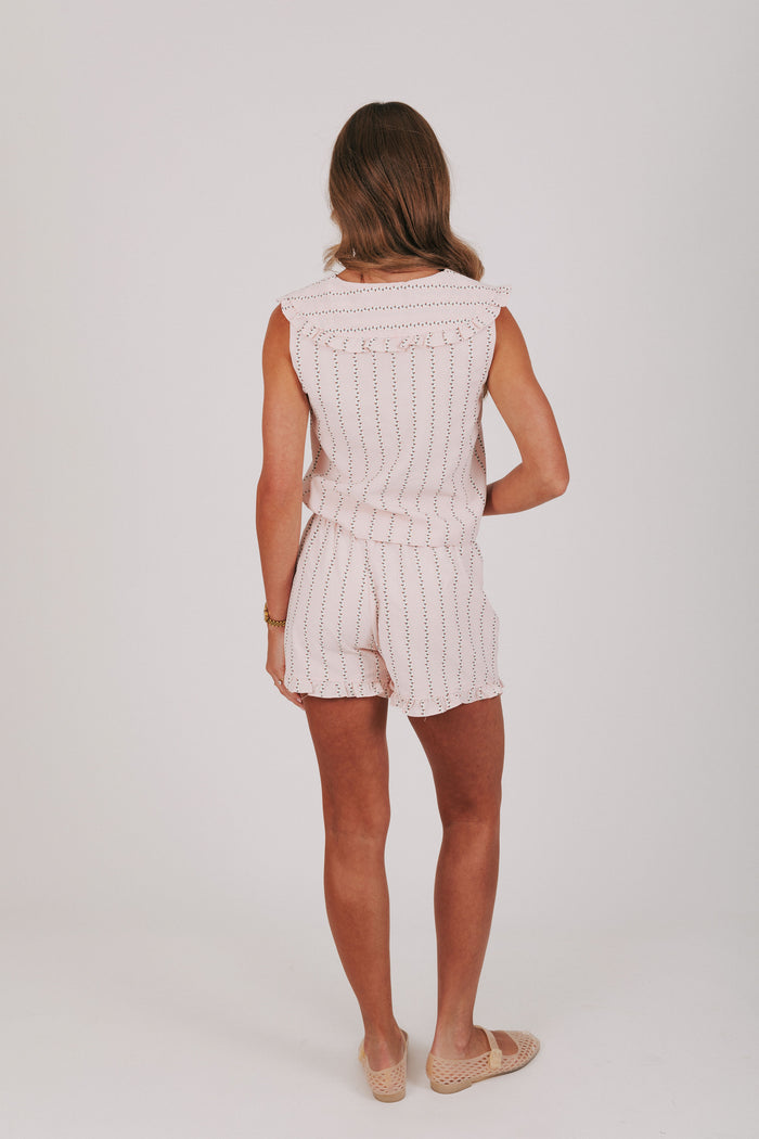 pink and white floral striped top with pan collar back