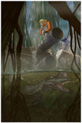A Giclee print featuring characters from Star Wars, including Luke Skywalker on an X-Wing fighter jet with R2D2 and a dinosaur in a swamp setting.