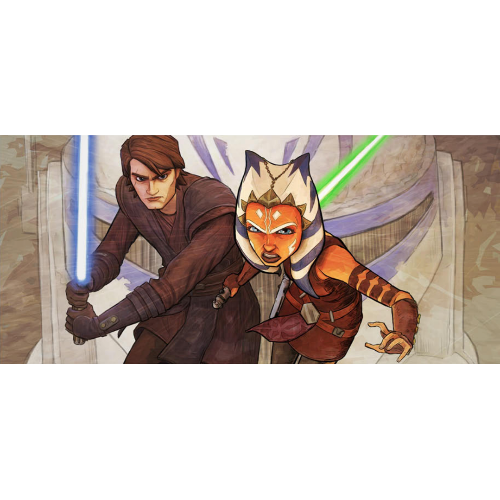 Anakin Skywalker and Ahsoka Tano holding lightsabers with a stormtrooper helmet background