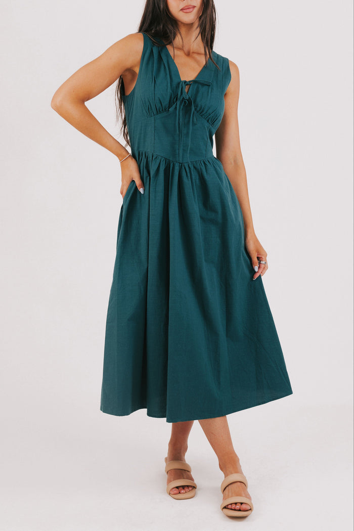 hunter green sleeveless v neck midi dress