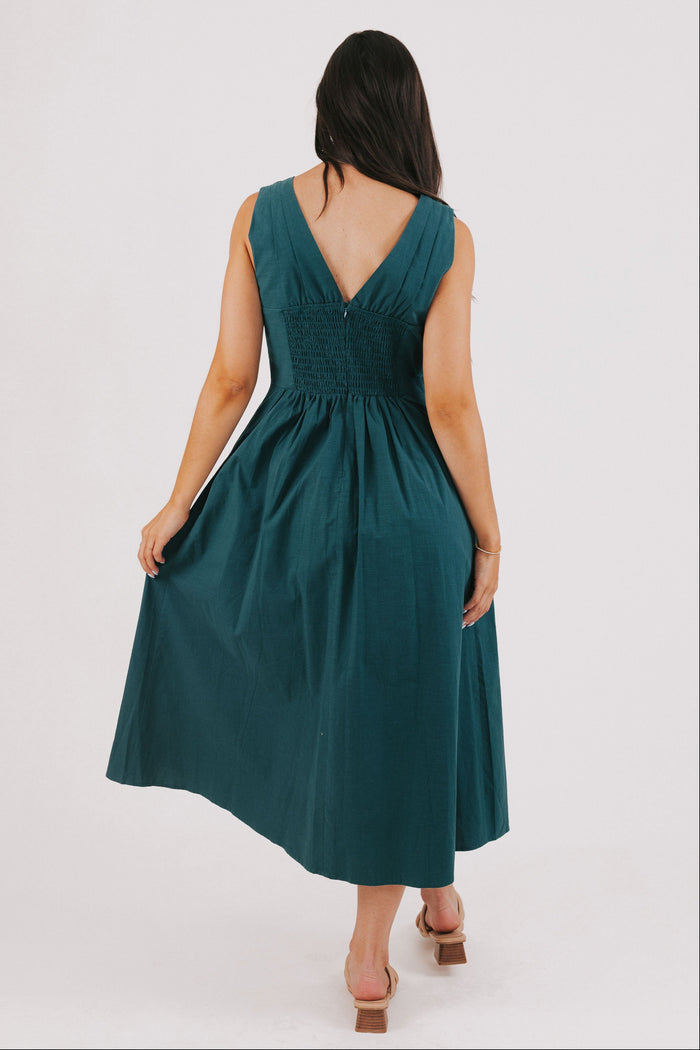 hunter green sleeveless v neck midi dress back