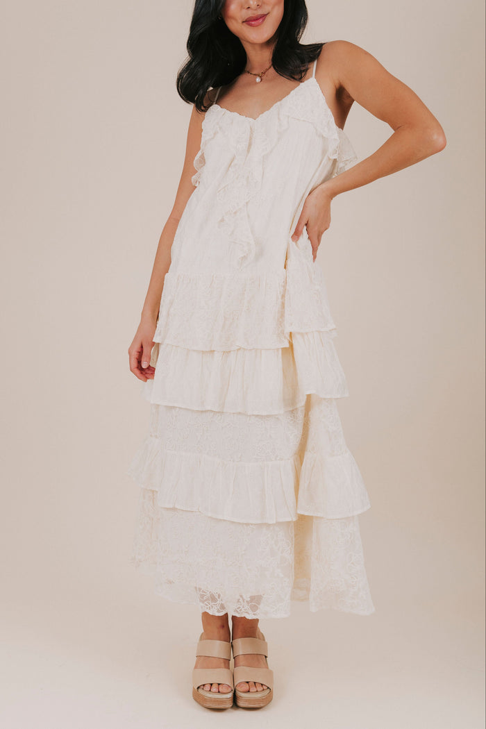 buttermilk floral lace tiered maxi dress front