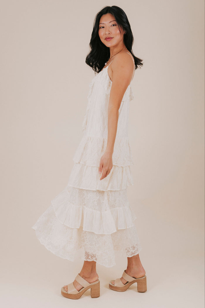 buttermilk floral lace tiered maxi dress side