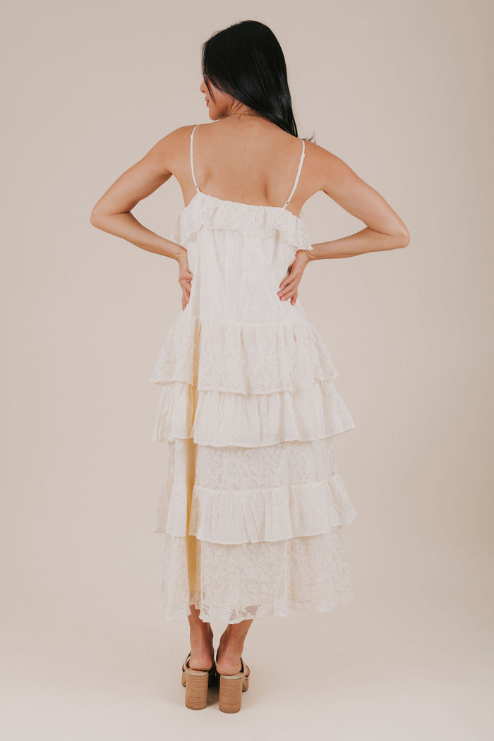 buttermilk floral lace tiered maxi dress  back
