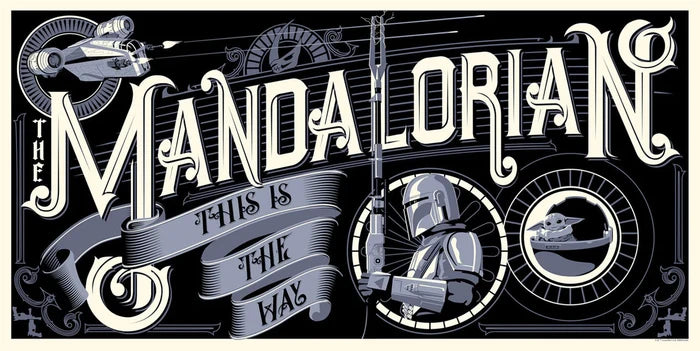 Art piece with the words the mandalorian this is the way featuring the mandalorian and gorgu in blue black and white