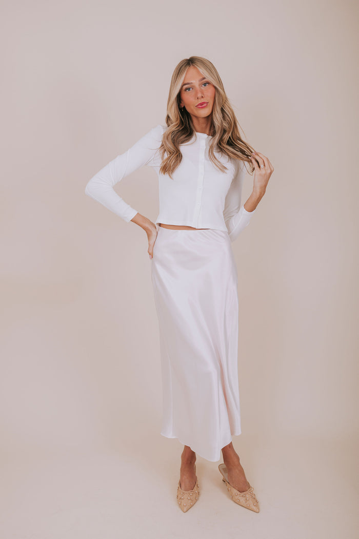 pale pink silk skirt full body