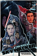 Movie poster style art print depicting the good and bad characters in the rise of skywalker star wars film with lightning separating them