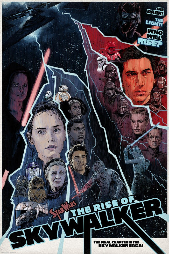 Movie poster style art print depicting the good and bad characters in the rise of skywalker star wars film with lightning separating them