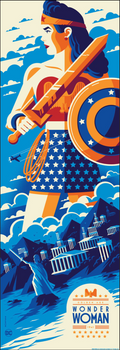 A vibrant poster of Wonder Woman with a background of clouds and Themyscira.