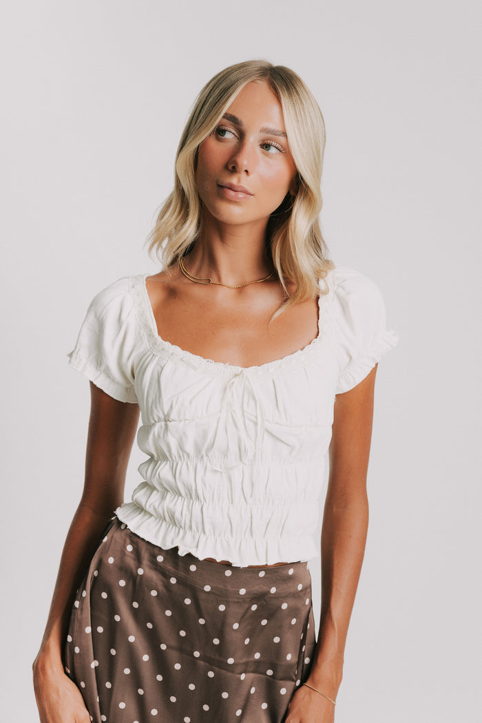 white ruched cropped shirt with puff sleeves front