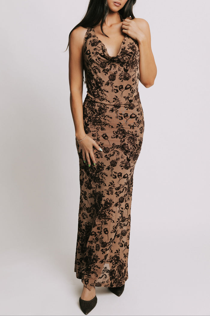 taupe halter dress with brown velvet detailing