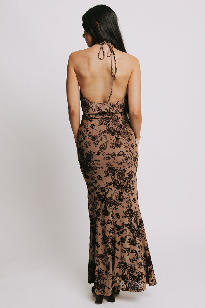 taupe halter dress with brown velvet detailing back
