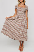 brown plaid square neck midi dress