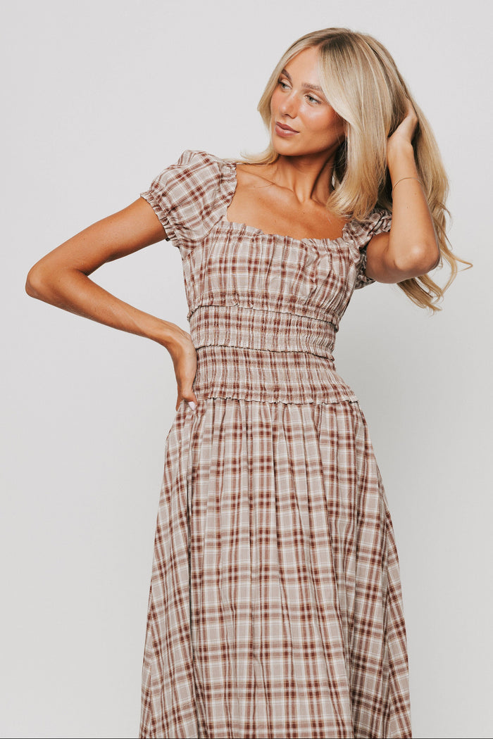 brown plaid square neck midi dress front