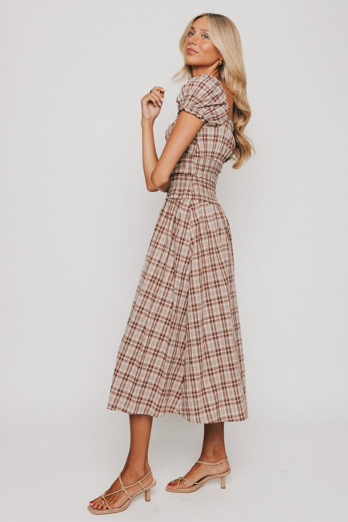 brown plaid square neck midi dress side