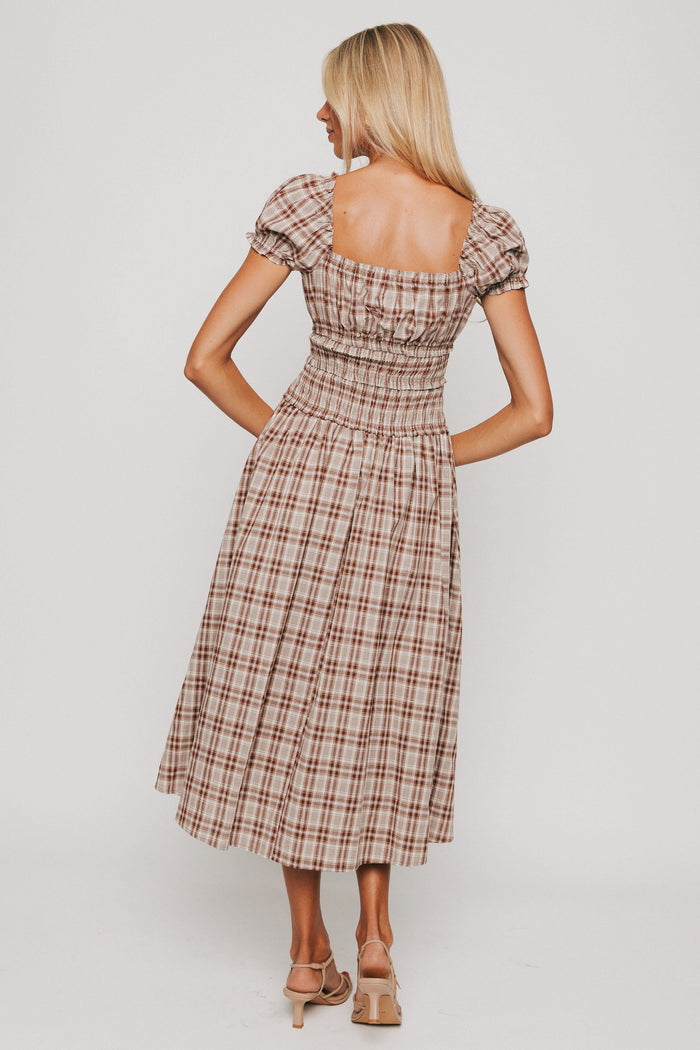 brown plaid square neck midi dress back