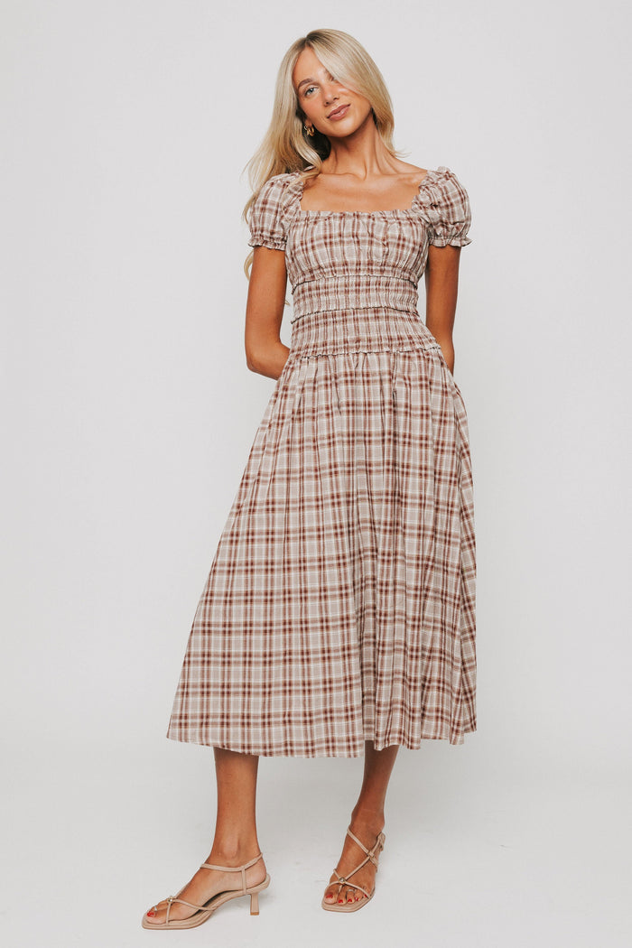 brown plaid square neck midi dress full
