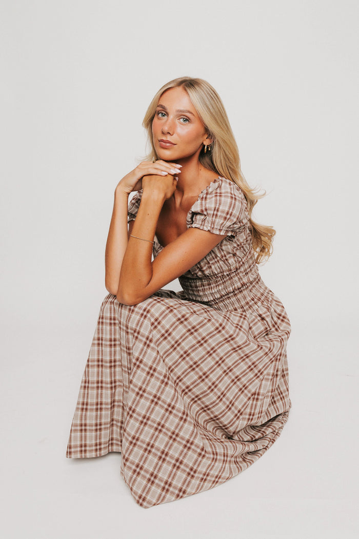 brown plaid square neck midi dress pose