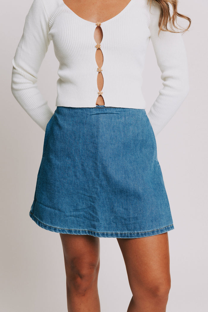 denim mini skort front