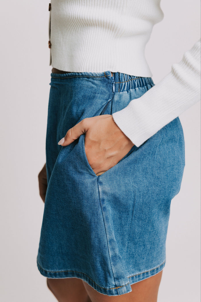 denim mini skort pockets