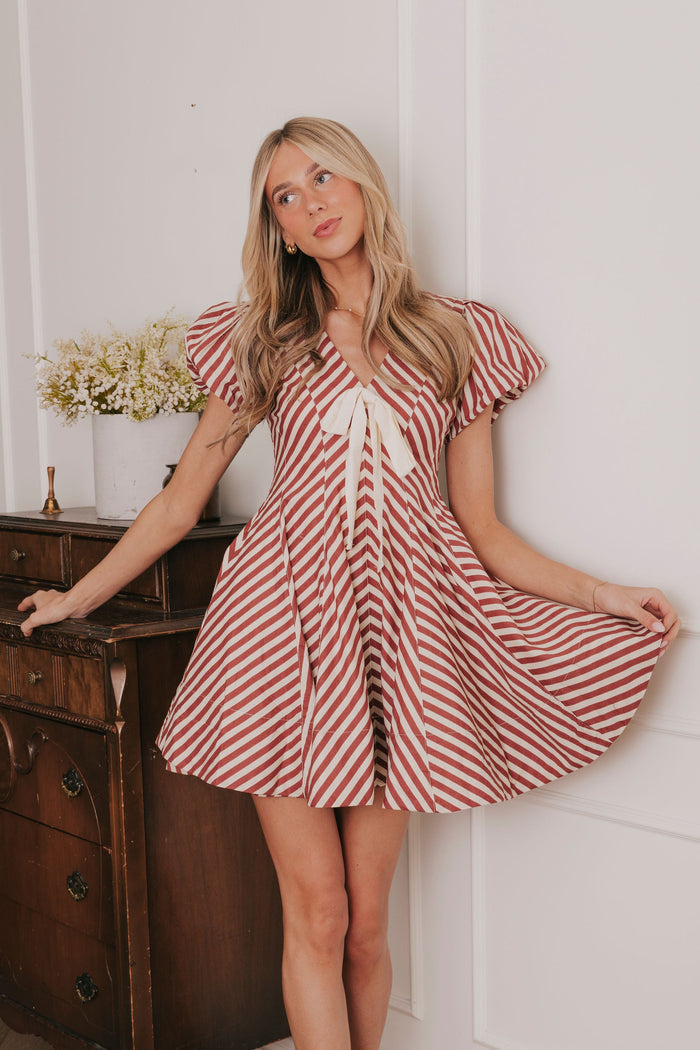 red and white stripe full skirt mini dress lifestyle