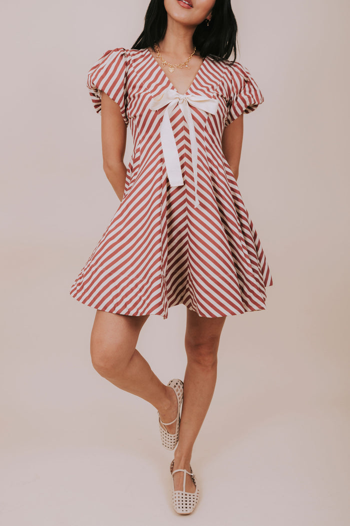 red and white stripe full skirt mini dress front