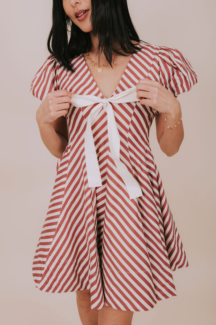 red and white stripe full skirt mini dress detail
