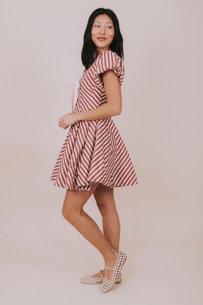 red and white stripe full skirt mini dress side