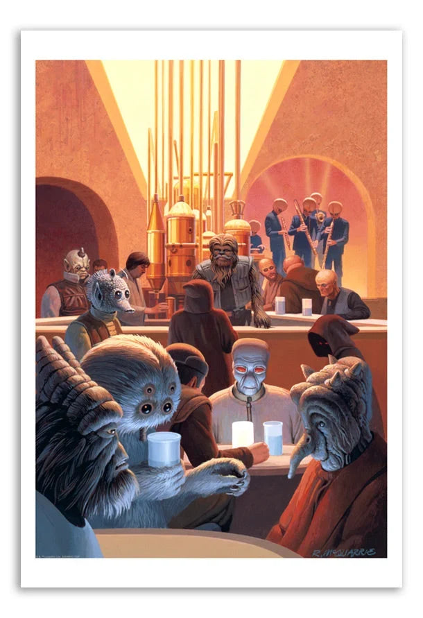 Mos Eisley Cantina with aliens drinking in a golden light