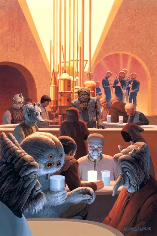 Mos Eisley Cantina with aliens drinking in a golden light