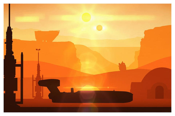Artwork depicting a Star Wars: A New Hope inspired scene with the X-34 Landspeeder.