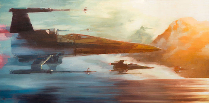 painted artwork featuring x wing jets flying over a lake with mountains and clouds in the disance