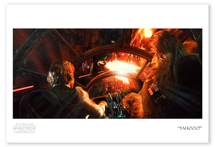 Art print featuring a scene from Star Wars with a Han Solo and Chewbacca driving a spacecraft, surrounded by a vibrant display of shooting laser lights.