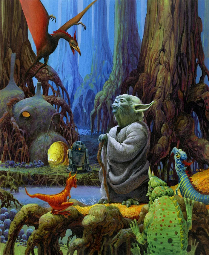 Fine-art giclée canvas featuring Yoda on Dagobah from Star Wars: The Empire Strikes Back, with a numbered edition and size indication.