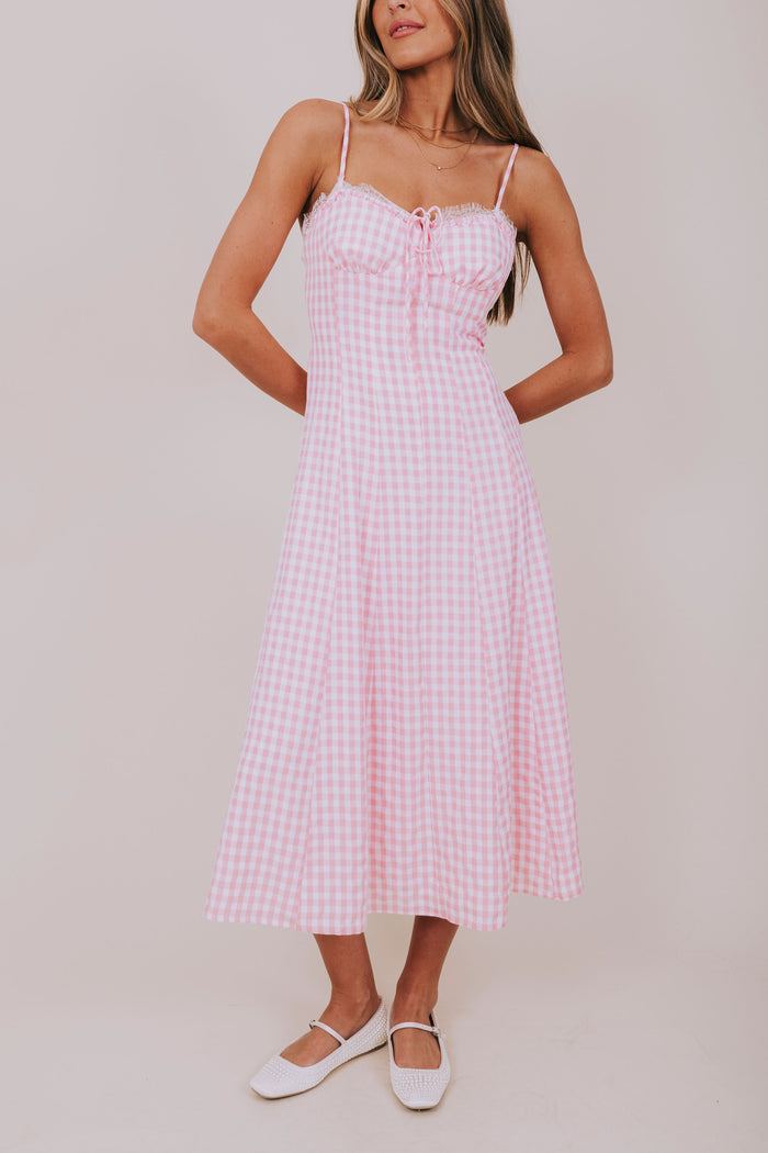 sleeveless pink gingham midi dress