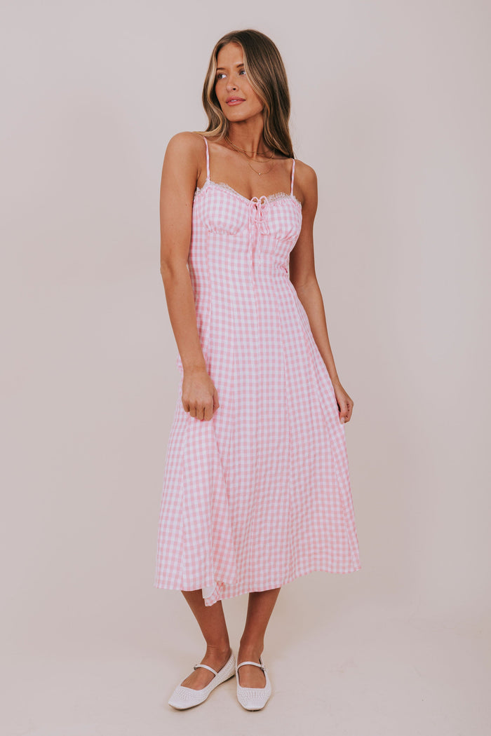pink gingham midi dress full body