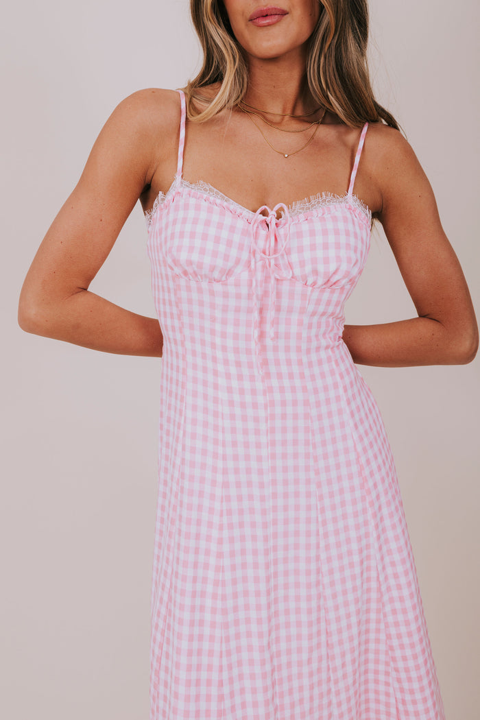 pink gingham midi dress close up