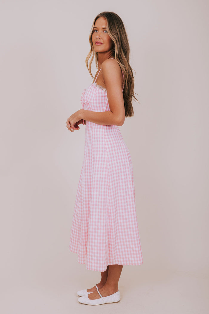 pink gingham midi dress side
