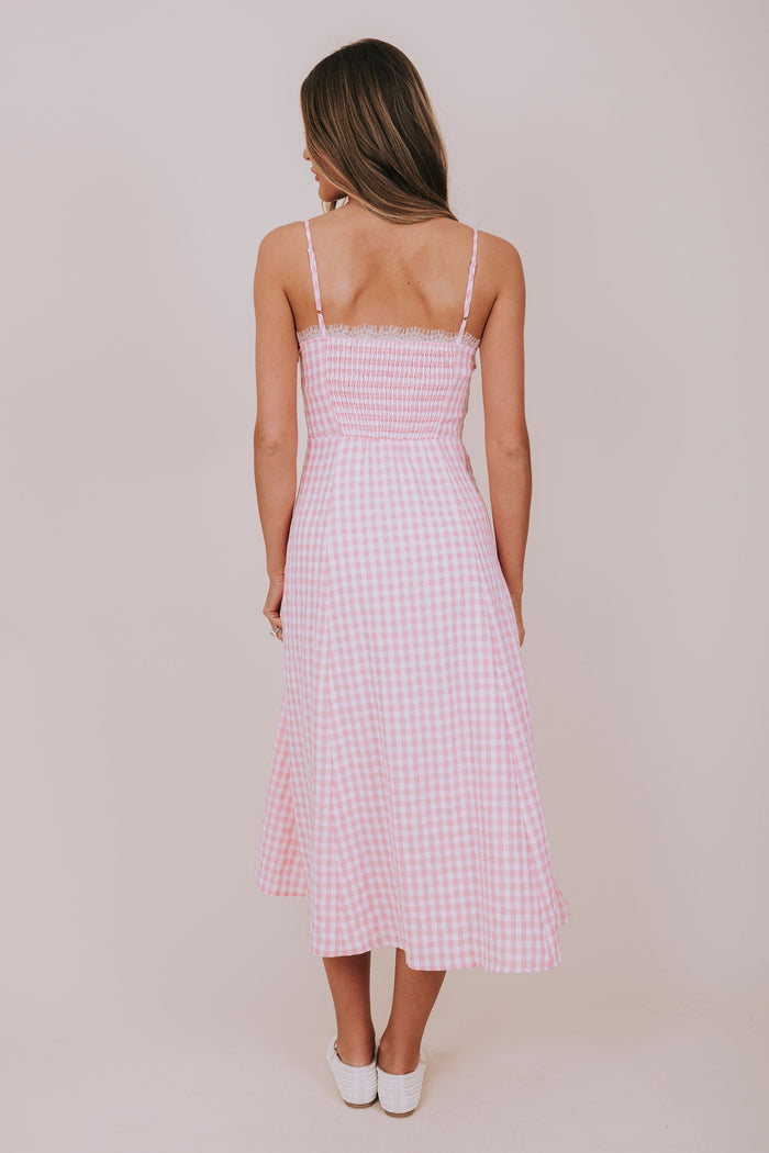 pink gingham midi dress back