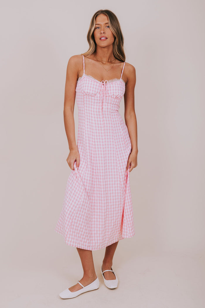 pink gingham midi dress full body 2